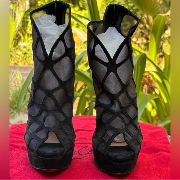 Louboutin altarakna black suede mesh ankle booties heeled platform peep toe - Picture 4 of 7